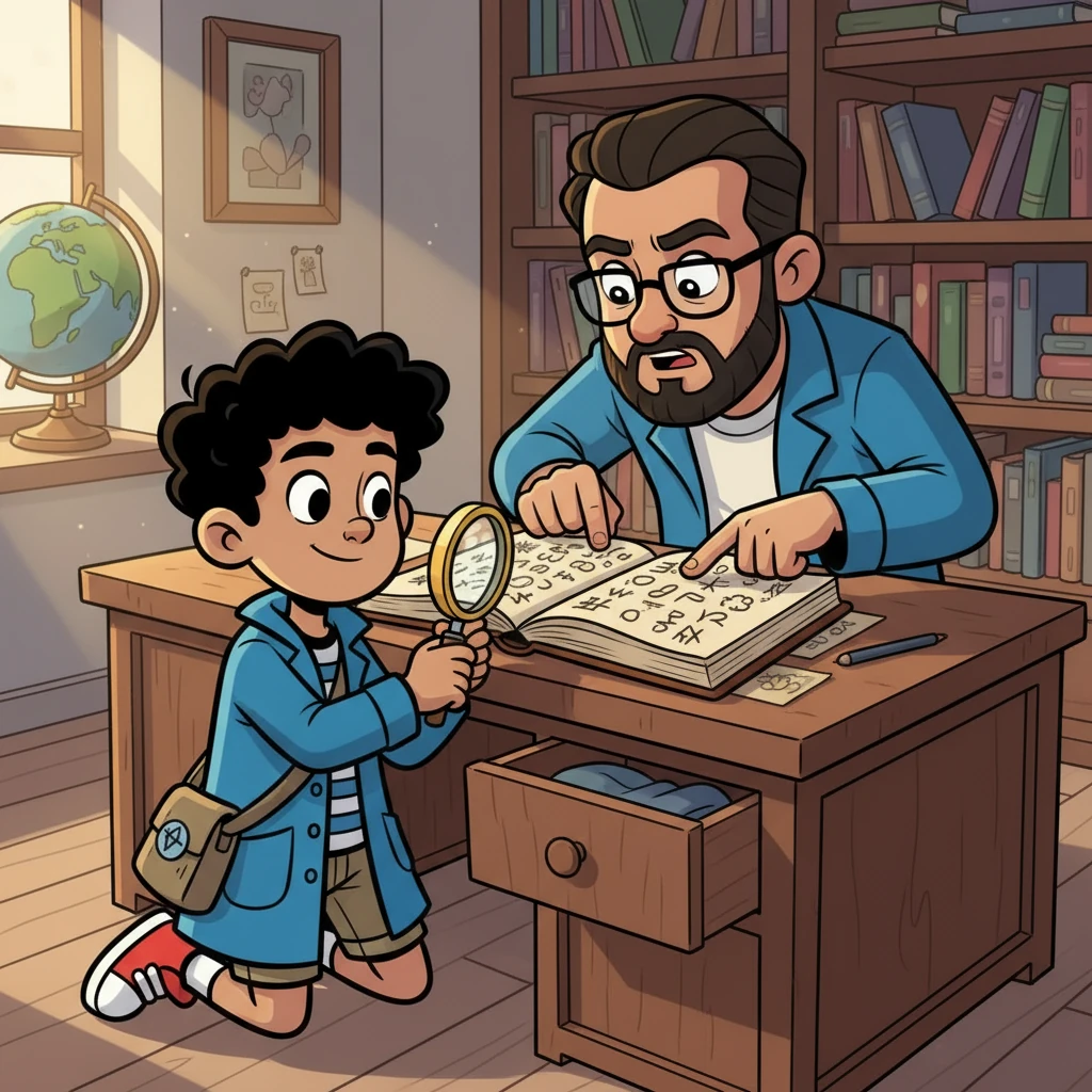 Aisyah menemukan sebuah buku catatan lama di laci meja Bu Fatma. Di dalamnya terdapat tulisan-tulisan aneh dan gambar-gambar. Baba, dengan keahliannya, mencoba memecahkan kode yang ada di buku catatan tersebut.