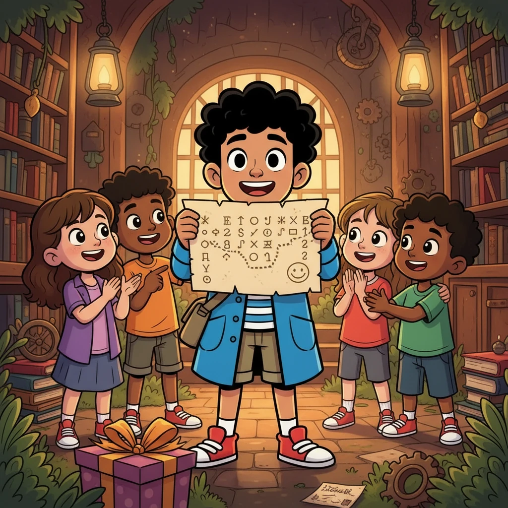 Akhirnya, Shabaz, dengan kecerdasannya, berhasil memecahkan kode tersebut. Mereka semua menemukan pesan terakhir dari Bu Fatma, yang berisi ucapan terima kasih dan sebuah kejutan manis. Mereka semua tersenyum bahagia, karena persahabatan mereka telah membawa mereka pada akhir yang indah.