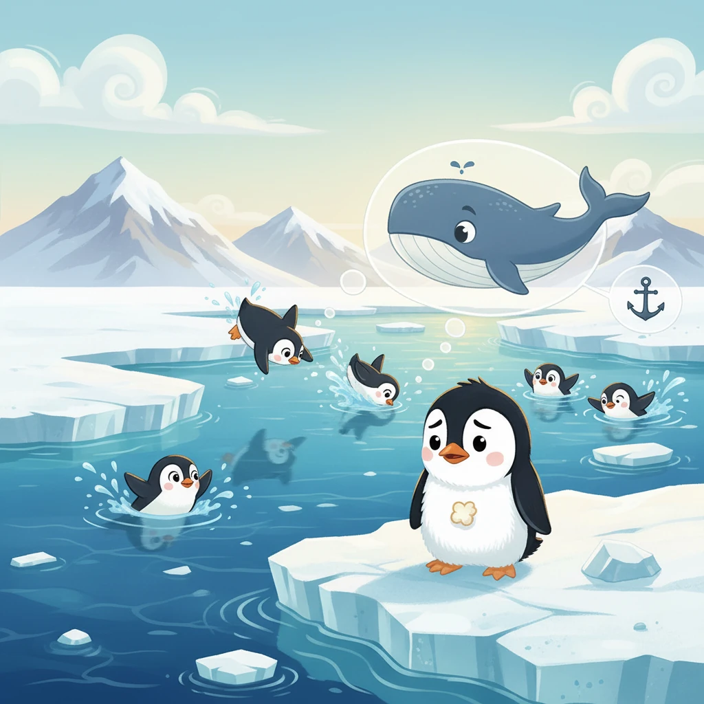 Enquanto os outros pinguins escorregavam e mergulhavam, Pipoca ficava na beira, observando e dizendo que estava frio demais para entrar. Na verdade, ele temia afundar ou encontrar uma baleia gigante.