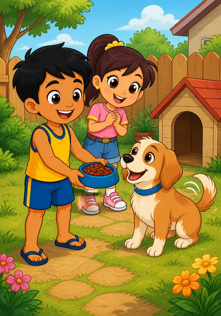 Una niyang pinuntahan ang kanyang alagang aso sa bakuran upang bigyan ito ng masarap na pagkain. Kumahol ang aso at masayang ikinawag ang kanyang buntot bilang pasasalamat sa kanyang mapagmahal na amo.