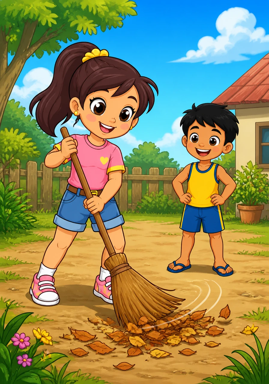 Pagkatapos niyang asikasuhin ang mga hayop, kinuha ni Mia ang walis tingting at sinimulang walisan ang mga tuyong dahon sa kanilang bakuran. Masigla siyang nagtatrabaho sa ilalim ng maaliwalas at asul na langit.