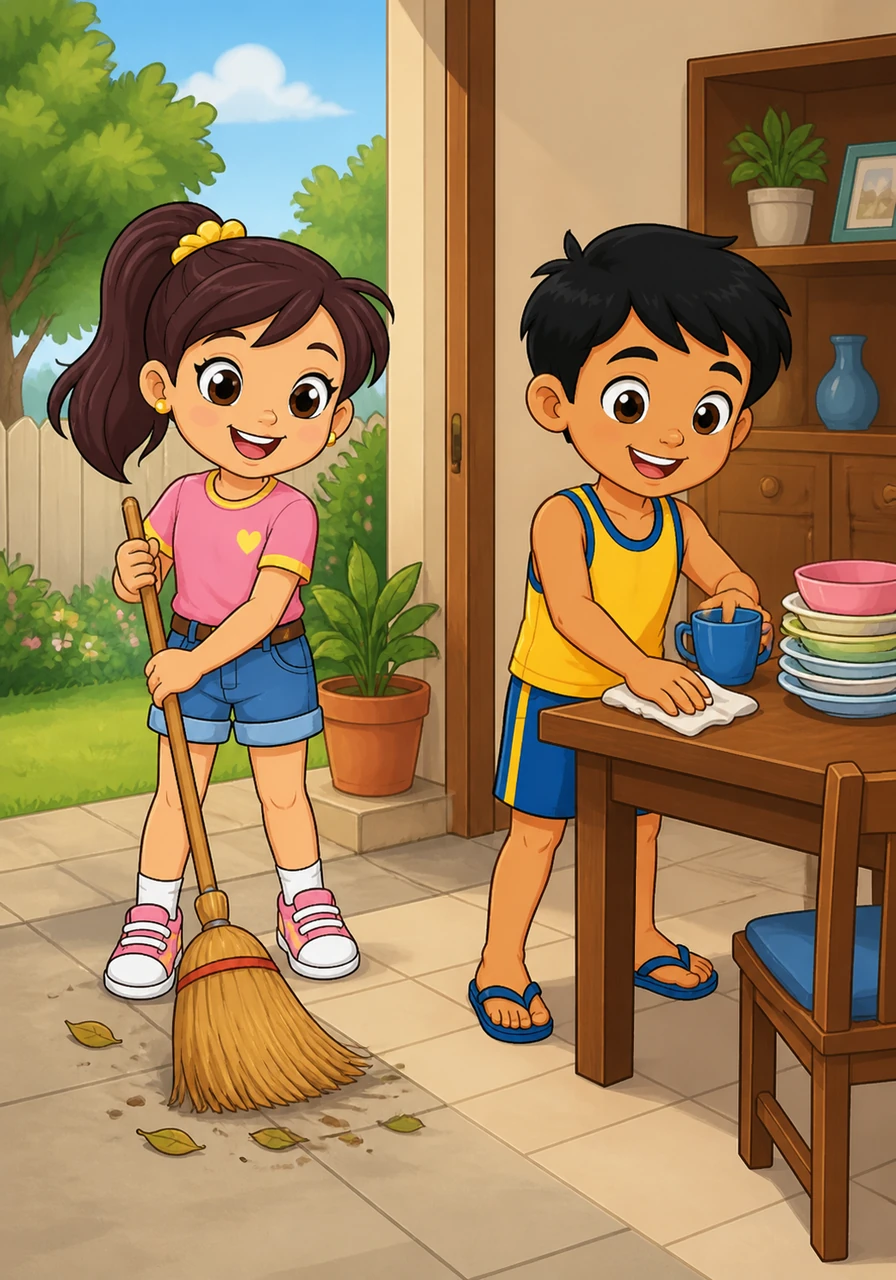 Lumabas ang kanyang nakababatang kapatid na si Sam upang tumulong sa mga gawaing bahay. Habang naglilinis si Mia sa labas, abala naman si Sam sa pagpupunas ng mga kagamitan at pag-aayos sa loob ng kanilang tahanan.