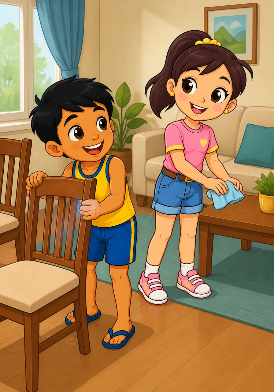 Inayos ni Sam ang mga silya sa sala nang may pag-iingat at dedikasyon. Napatingin siya sa kanyang ate at buong paghangang sinabi na napakasipag talaga ni Mia sa lahat ng kanyang ginagawa.