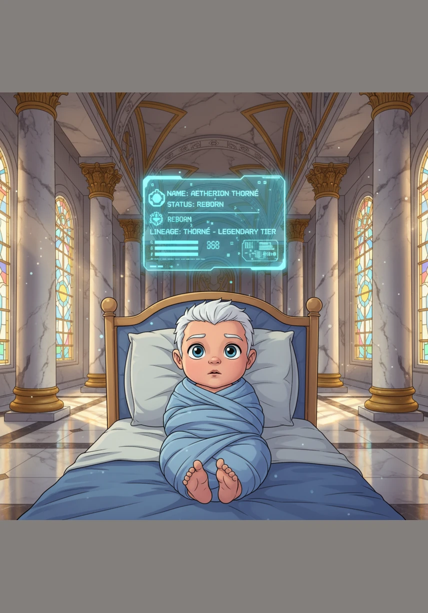 Aetherion opens his eyes for the first time in this new world, finding himself reborn as an infant in a grand, marble-pillared hall. Above him, a glowing blue holographic screen only he can see displays his stats and the legendary Thorne lineage he has joined.