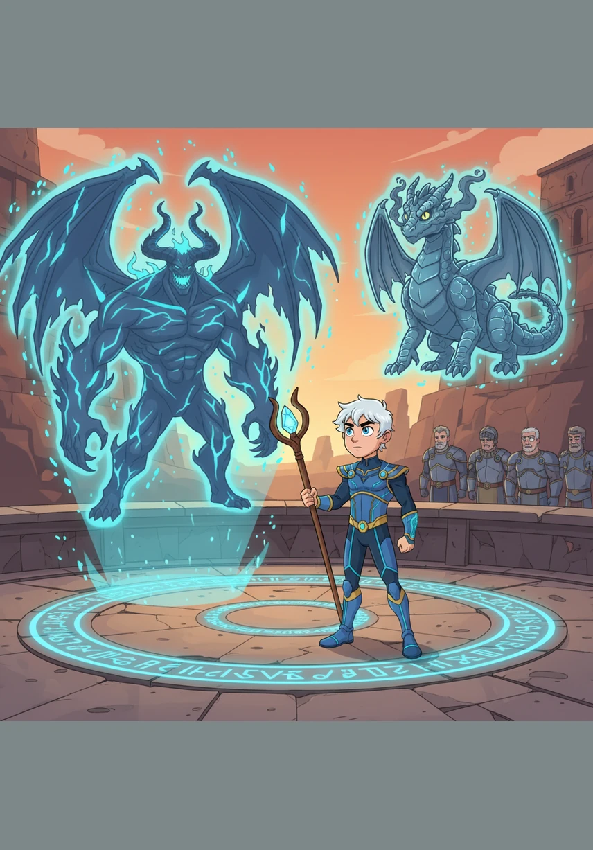 As a young boy in the Thorne training grounds, Aetherion shocks his instructors by manifesting frost on one hand and roaring flames on the other. The ground beneath him cracks as his subconscious control over gravity begins to exert itself, marking him as a true prodigy among his kin.