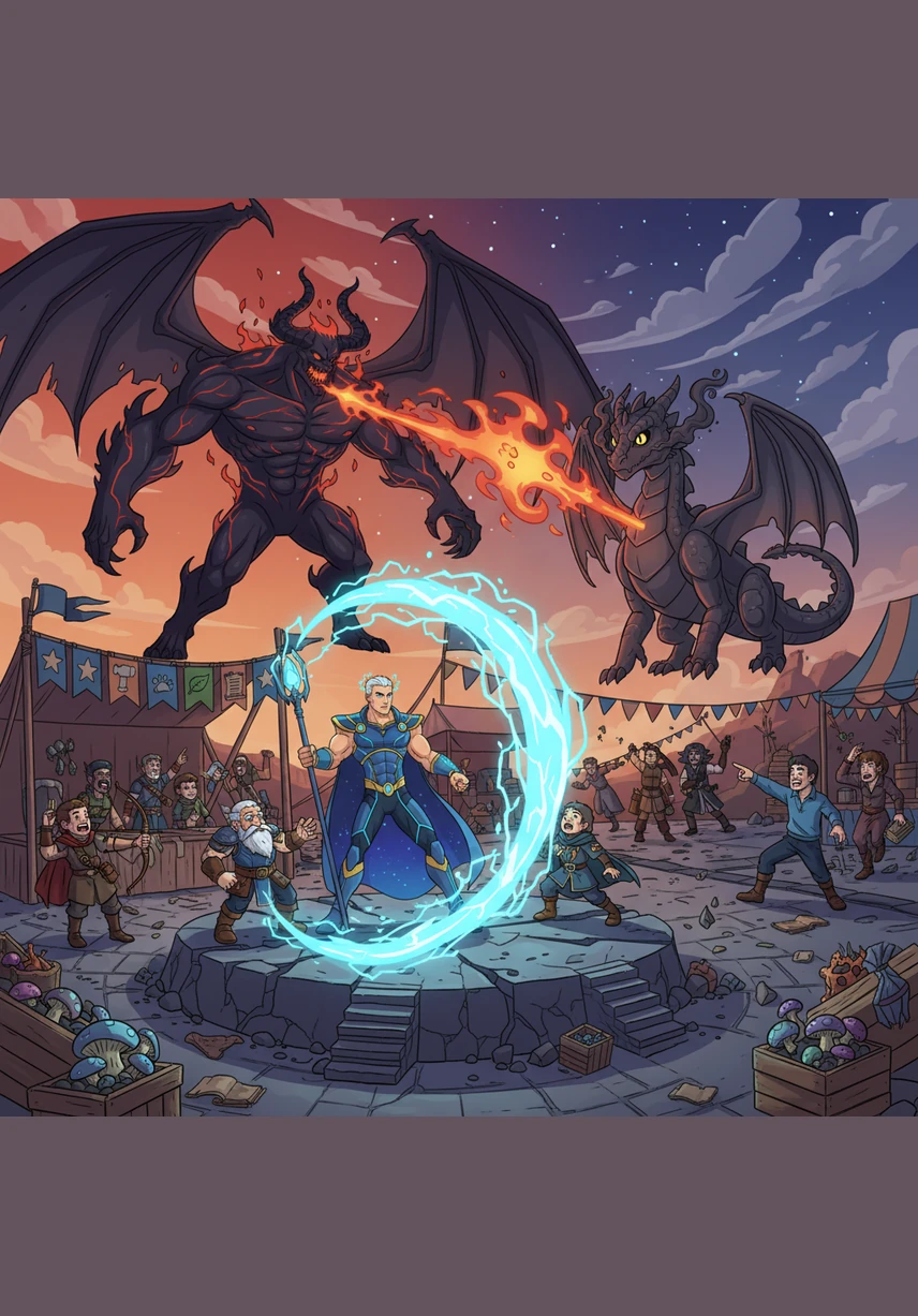 At a grand festival of the five races, Aetherion stands amidst towering giants and ethereal elves, his presence commanding immediate respect. His eyes glow with a faint purple spark of lightning, signaling to the representatives of the world that the legendary Thorne family has produced a monster.