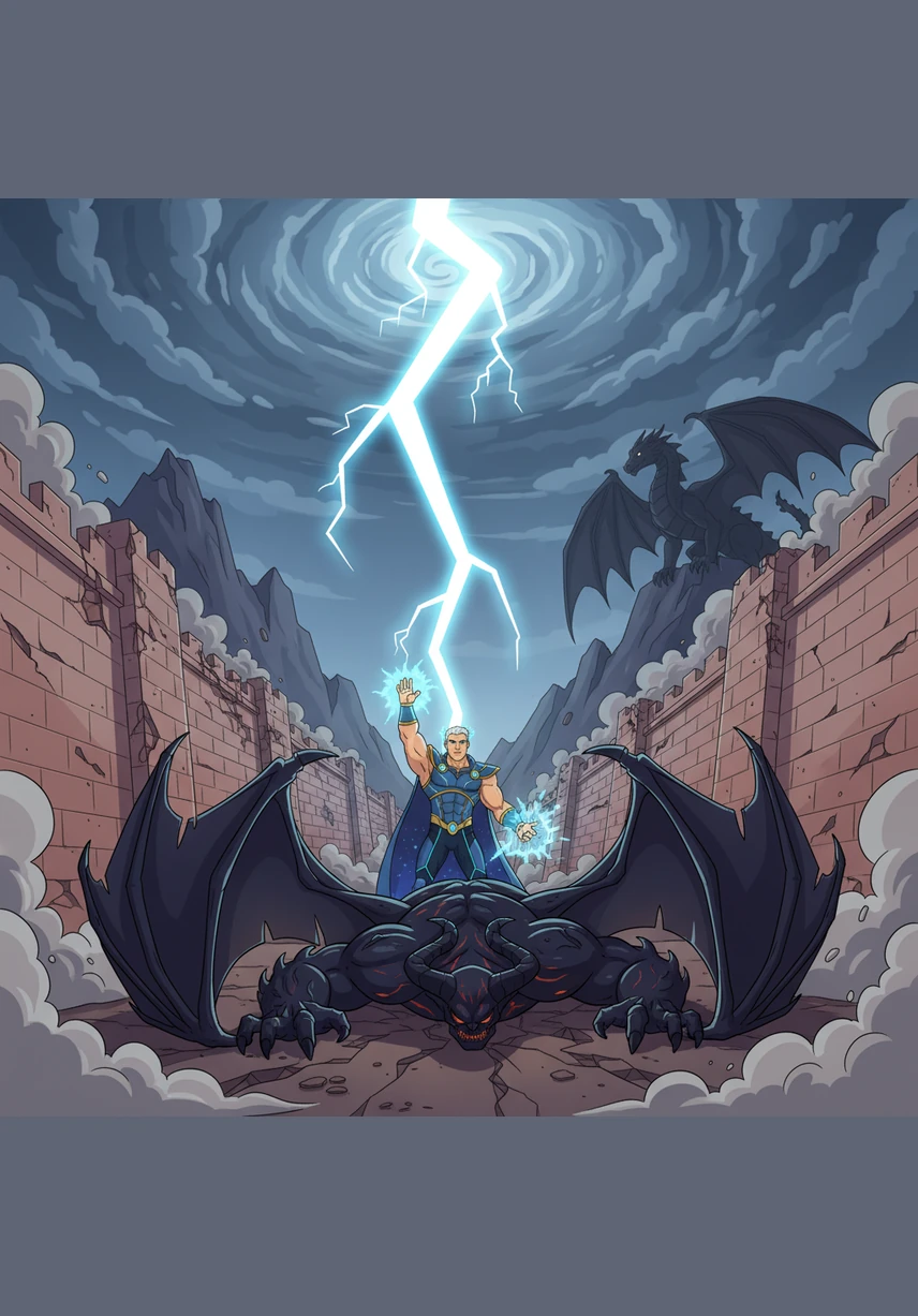 When a massive shadow-demon breaches the northern wall, Aetherion steps forward and raises a hand to the sky. He exerts a massive gravitational force that pins the beast to the earth instantly, followed by a strike of celestial lightning that illuminates the entire valley.