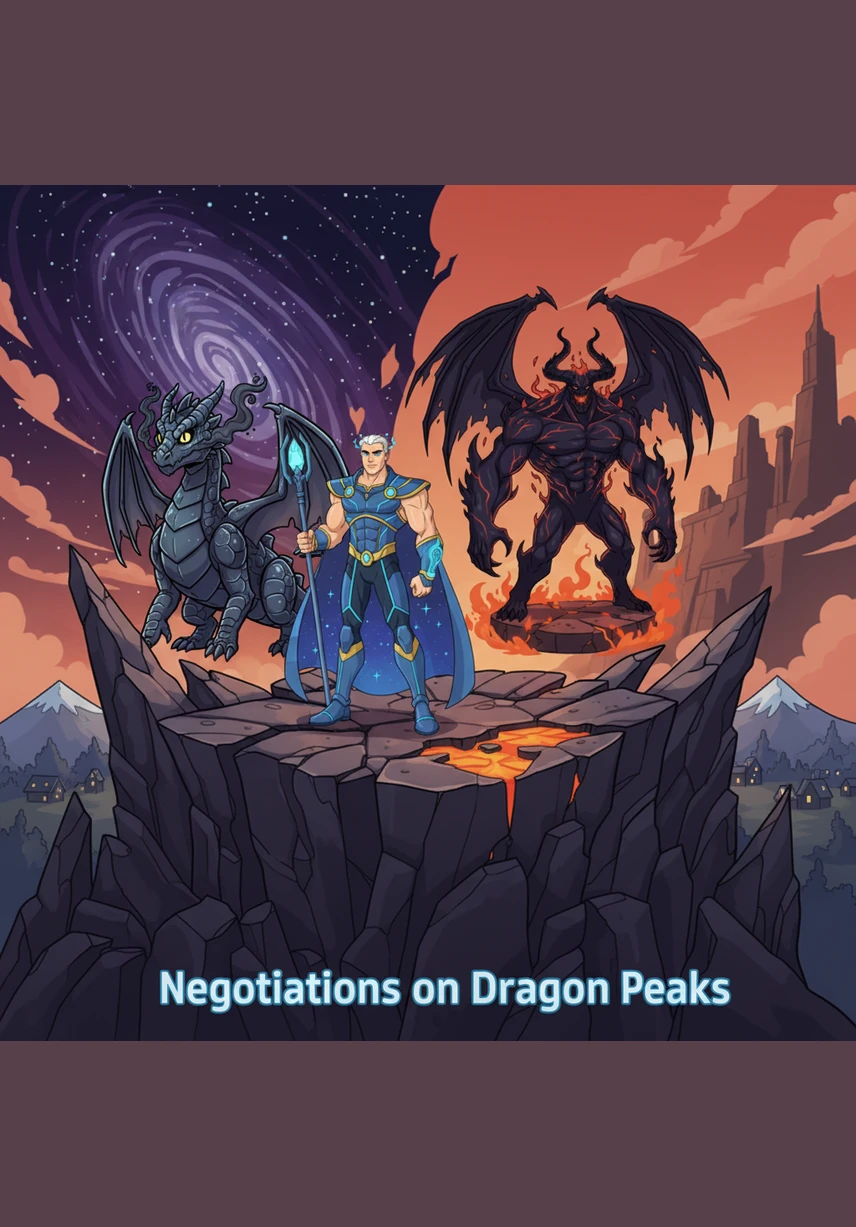 High atop the Dragon Peaks, Aetherion negotiates with a massive obsidian dragon whose scales are as hard as diamonds. He uses his time-manipulation powers to show the dragon a vision of a shared future, earning the ancient creature's respect and a powerful new alliance.