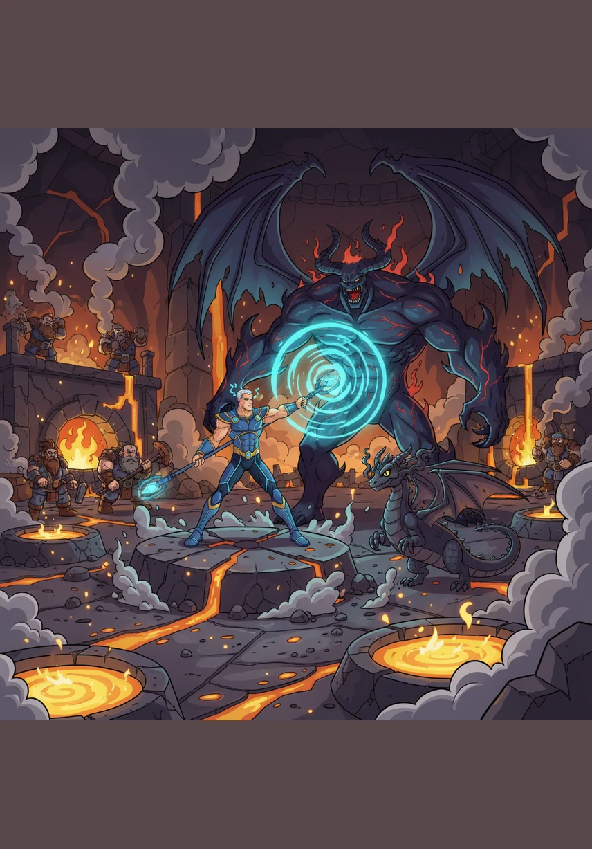 Deep in the dwarven forges, Aetherion combines fire and ice magic to temper a blade that can cut through the fabric of space. The master dwarves watch in silence as the monster of the Thorne family crafts a weapon that defies the known laws of physics.