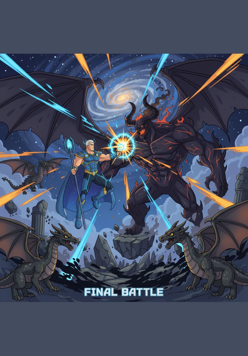 In the final confrontation against the Demon King, Aetherion freezes time itself, leaving his enemy suspended in a moment of absolute terror. With a single gesture, he collapses the space around the dark lord, erasing the threat to the magic world with a mastery of gravity and void.