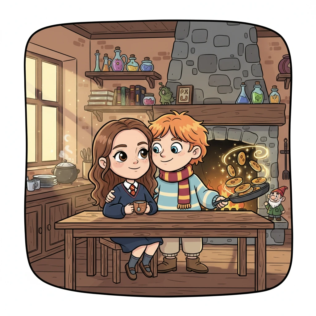The warm, cozy kitchen of the Weasley-Granger home hums with morning magic. Hermione, already dressed in smart robes, sips tea while Ron, tousled and charming, expertly whips up breakfast with a flick of his wand. He leans in for a quick, loving kiss before they both rush out the door.