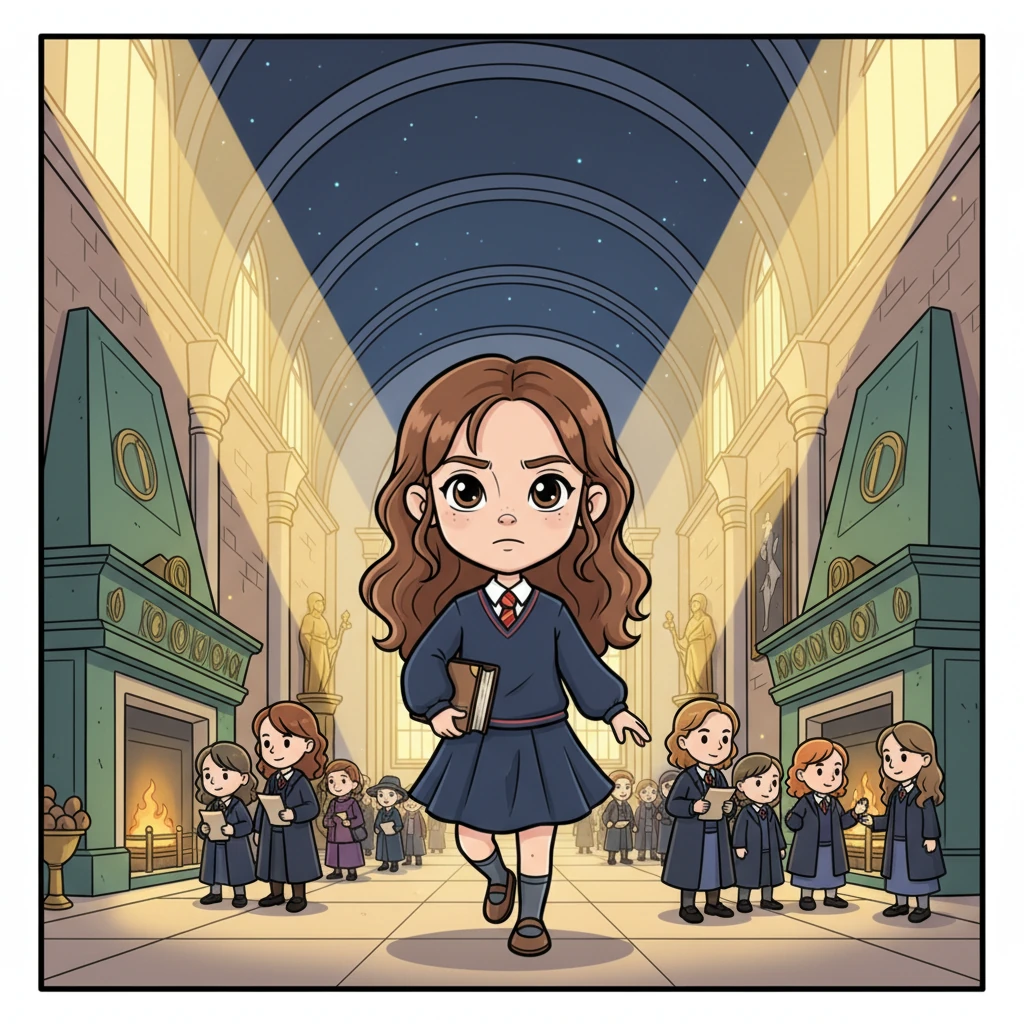 Hermione strides through the grand Atrium of the Ministry of Magic, her presence commanding attention amidst the bustling wizards and witches. Sunlight streams through the enchanted ceiling, illuminating the busy corridors as she heads directly to her office. Her determined expression shows she's ready to tackle any challenge the magical world presents.
