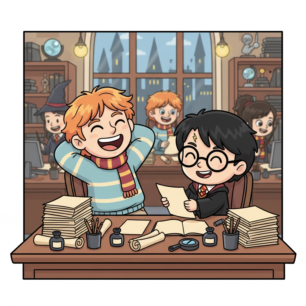 In a busy Auror office, Ron laughs heartily with Harry Potter, reviewing case files and strategizing. His desk is piled high with parchment, a testament to his dedication as Head Auror. He winks at Harry, teasingly acknowledging his wife's powerful position, before diving back into their serious discussion.