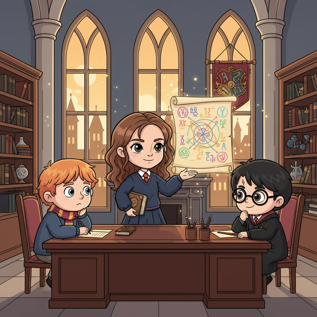 Hermione presides over a high-stakes meeting in her opulent Ministry office, her gaze sharp and intelligent. She skillfully navigates complex magical laws and international relations, guiding her team with unwavering confidence. Her decisive leadership ensures the wizarding world remains safe and harmonious.