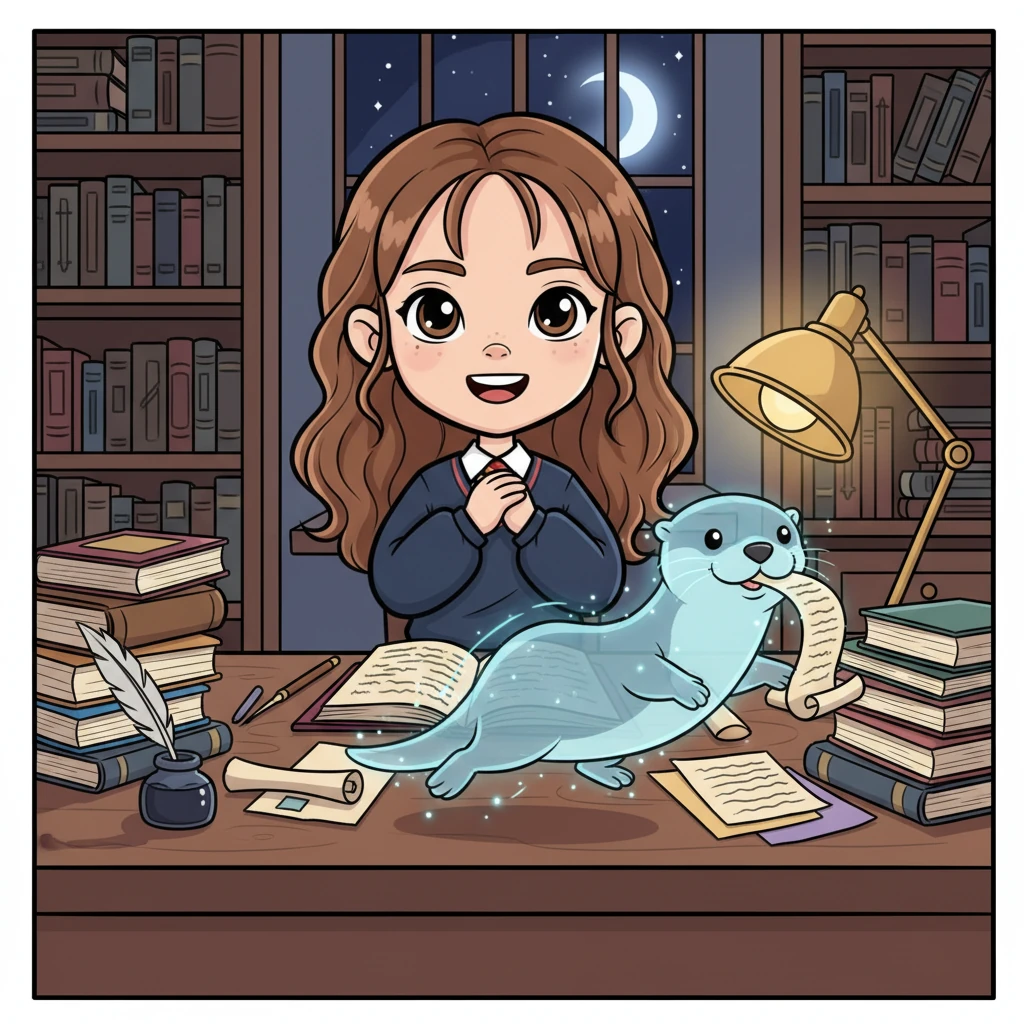 A glowing Patronus, shaped like a playful otter, zips across Hermione's desk, delivering a quick, loving message from Ron. She smiles warmly, her heart fluttering at his thoughtful gesture amidst her demanding schedule. Moments like these, a sweet reminder of their bond, fuel her through the day.