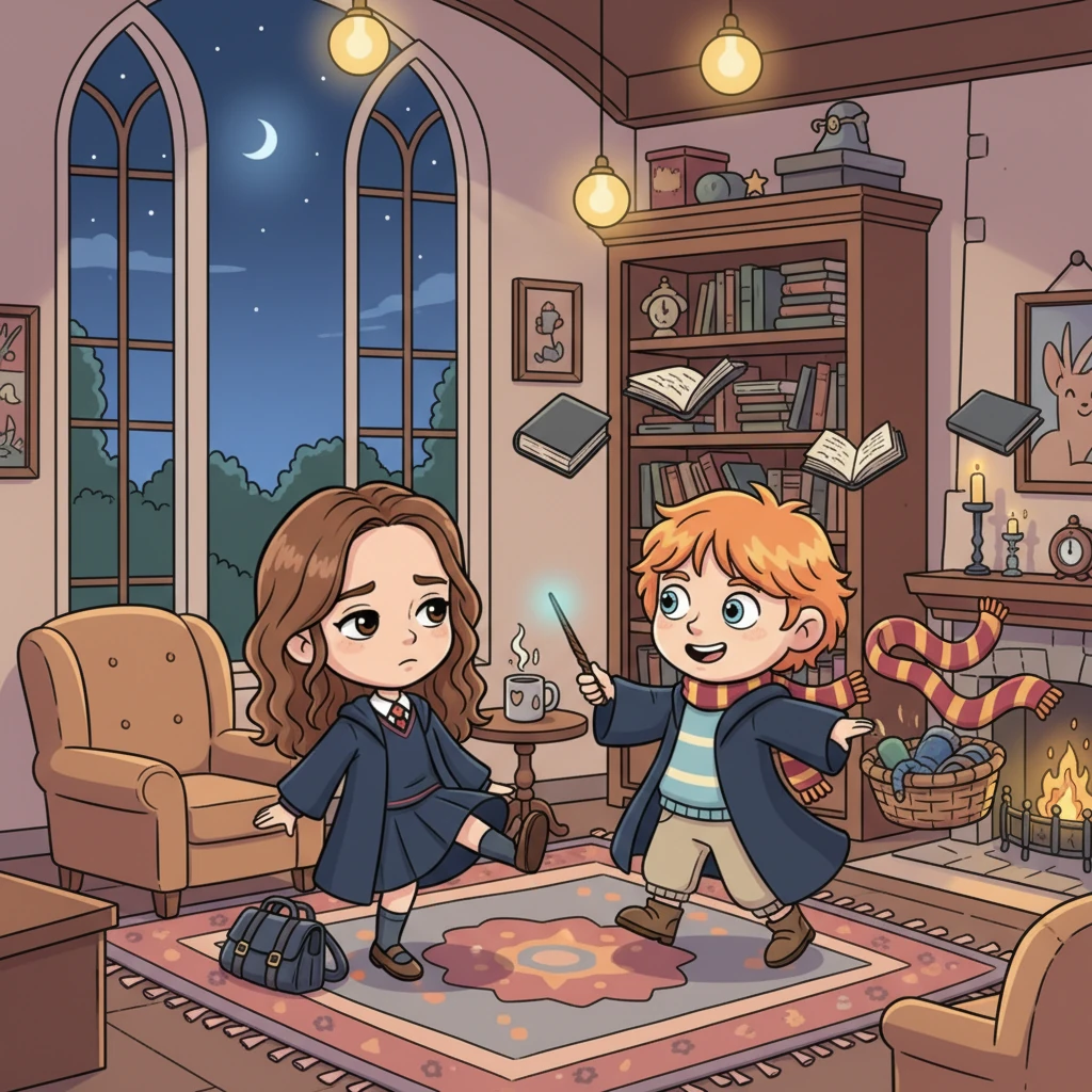 As dusk settles, Hermione and Ron arrive home, their shoulders slightly slumped from a long day, but their faces lighting up at the sight of each other. They kick off their robes, a shared glance of exhaustion and affection passing between them. Together, they begin tidying up, a quiet symphony of domestic magic.