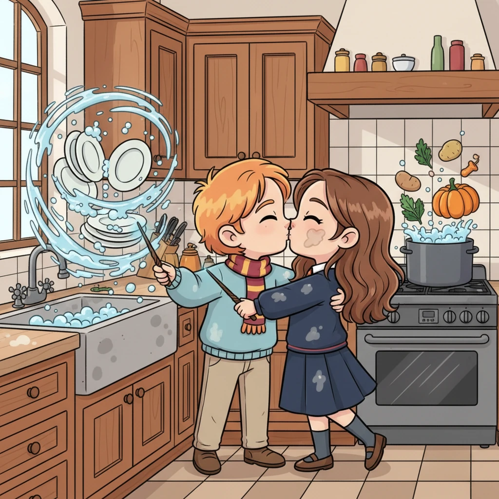 In their charming kitchen, Ron magically scrubs dishes while Hermione levitates ingredients for a late dinner, their movements perfectly synchronized. He playfully splashes her with suds, eliciting a giggle, before pulling her close for a tender, flour-dusted kiss. Their shared laughter fills the cozy space.