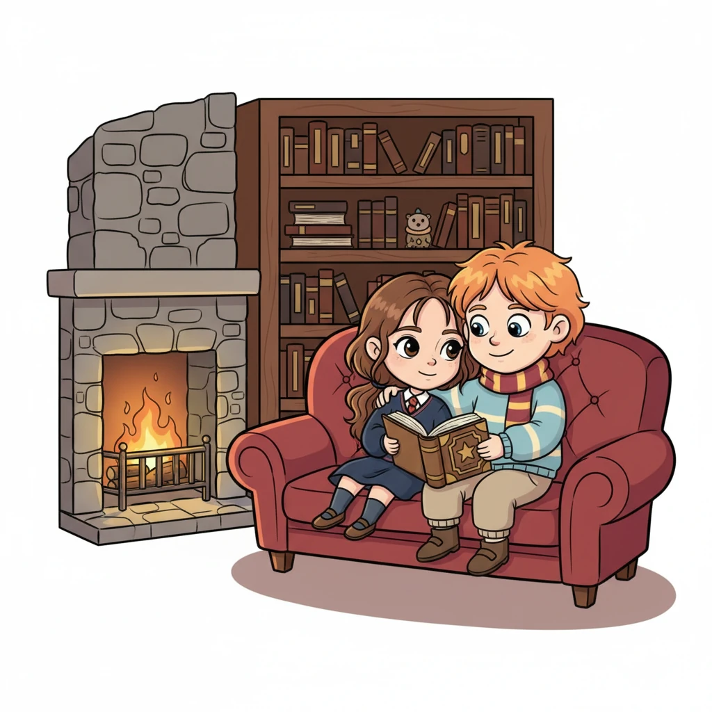 Later, curled up on a plush sofa, Hermione rests her head on Ron's shoulder, a thick magical tome open on her lap. They quietly discuss the day's events, offering comfort and advice to each other. The soft glow of the fireplace casts a warm, peaceful light over their content faces.