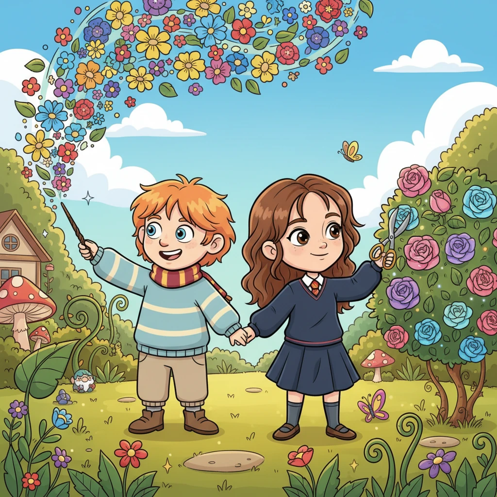 On a sunny Saturday morning, they venture into their vibrant garden, Ron conjuring colorful blooms while Hermione meticulously prunes enchanted roses. Their hands brush as they work, a silent understanding passing between them. The garden thrives under their combined care, a reflection of their partnership.