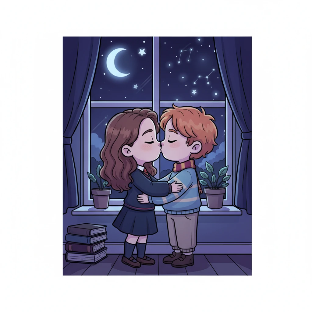 As night deepens, Hermione and Ron stand by their bedroom window, gazing out at the star-filled sky, their arms wrapped around each other. A soft kiss seals their day, a promise of enduring love and unwavering support. They are partners in every sense, ready to face tomorrow's magic together.