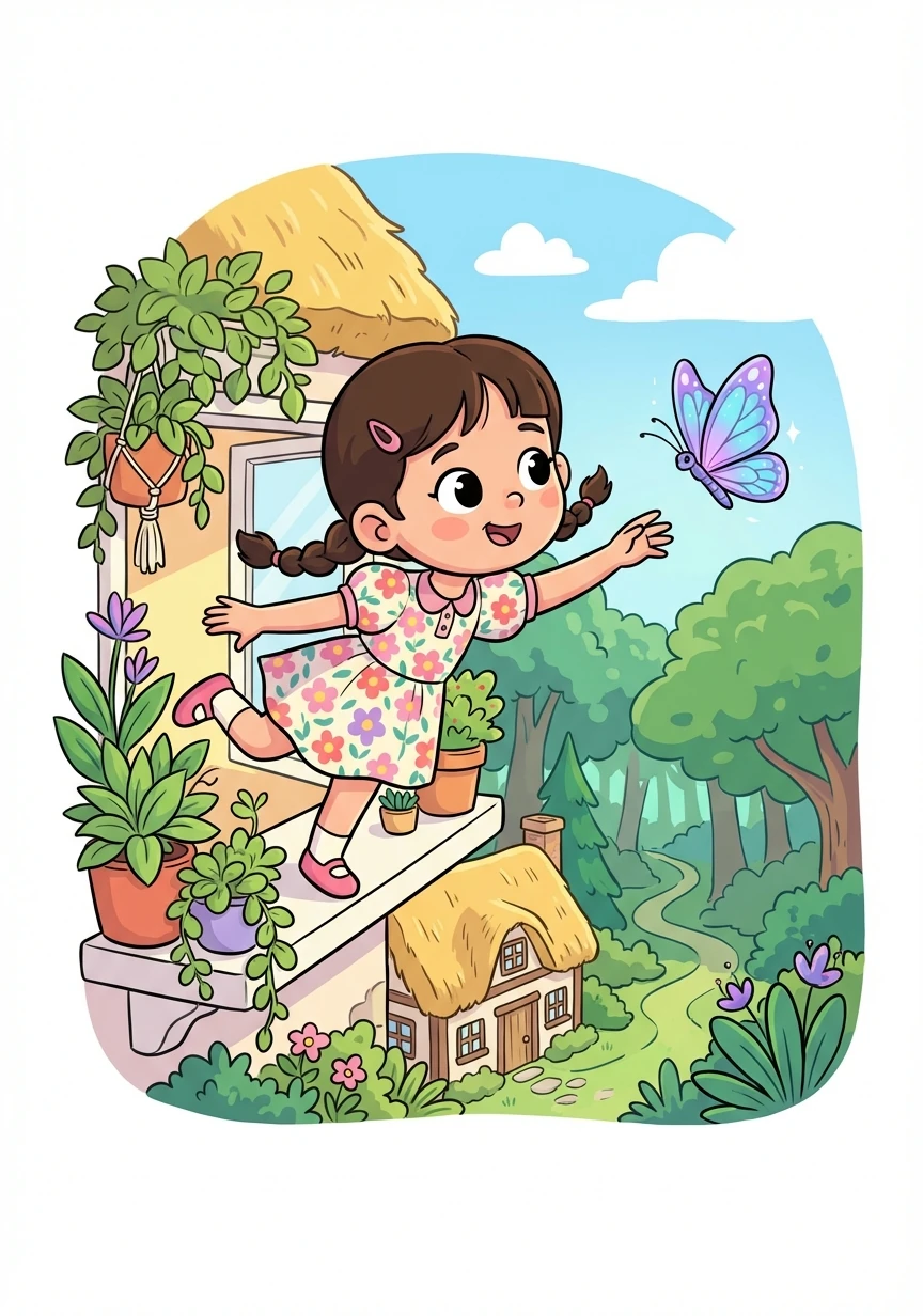 Rosie Bloom, a curious girl with bright eyes and pigtails, lived in a small cottage at the edge of a vast forest. She loved exploring, but her favorite pastime was tending to her tiny windowsill garden. One sunny morning, a shimmering butterfly led her to a hidden path she'd never noticed before.