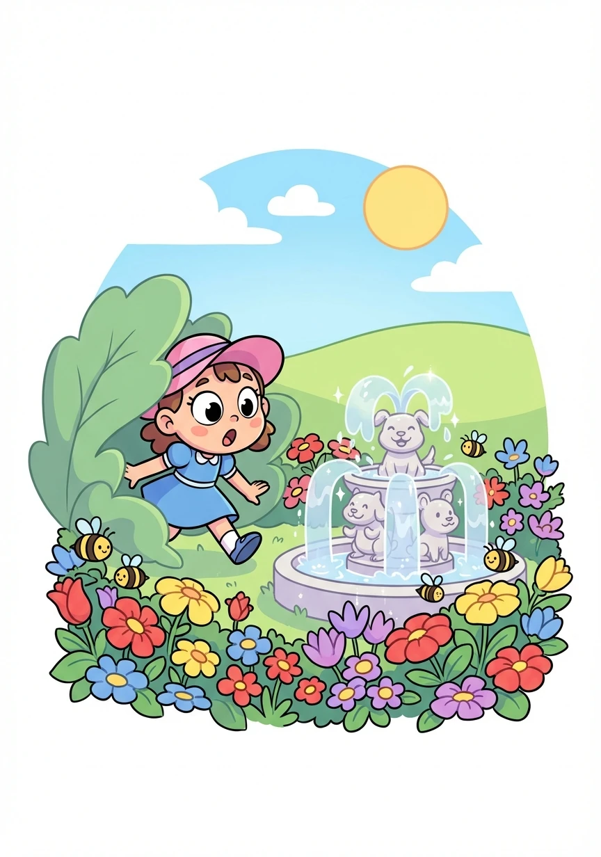 The path twisted and turned, leading Rosie deeper into the woods until she stumbled upon a magnificent garden. Flowers of every color imaginable bloomed in abundance, and the air hummed with the buzz of happy bees. In the center stood a sparkling fountain, surrounded by whimsical statues.