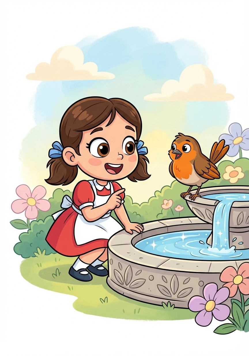 As Rosie approached the fountain, a small voice chirped, "Welcome, Rosie Bloom!" She looked around and saw a tiny robin perched on the fountain's edge. The robin introduced himself as Pip and explained that this was a magical garden, hidden from the ordinary world.