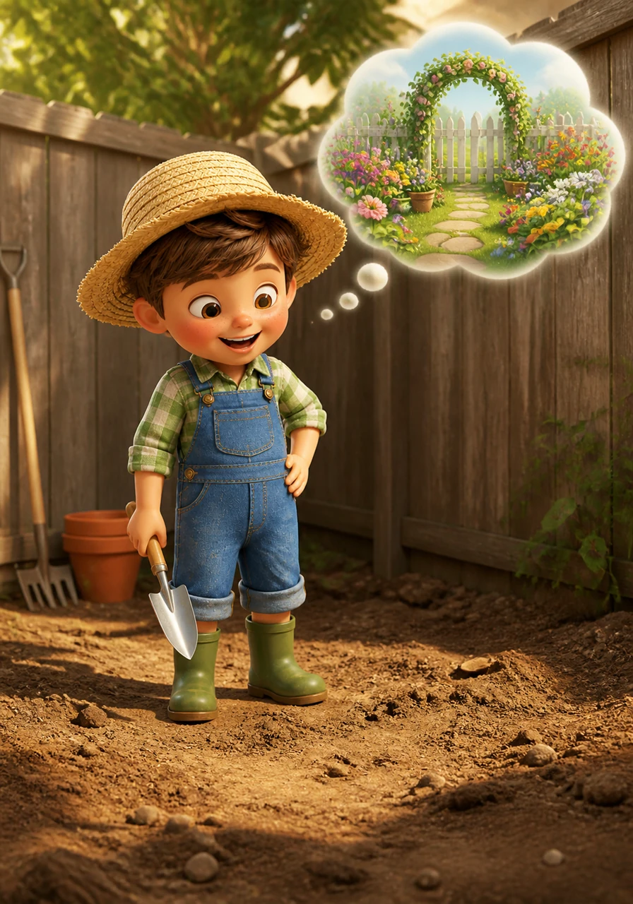 Oliver stands in a dusty corner of his backyard wearing a floppy straw hat and holding a small silver trowel. He looks at the bare earth with a big smile, imagining the colorful world he is about to create with his own two hands.