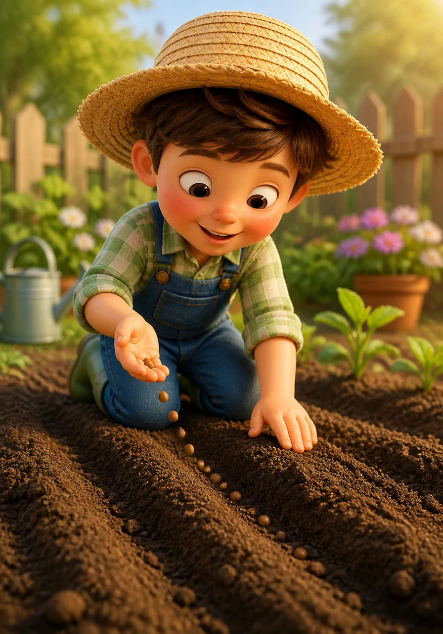 Small brown seeds tumble from Oliver's palm into neat little trenches in the soft, dark soil. He carefully covers them with a warm blanket of earth, whispering a secret encouragement for them to wake up soon.