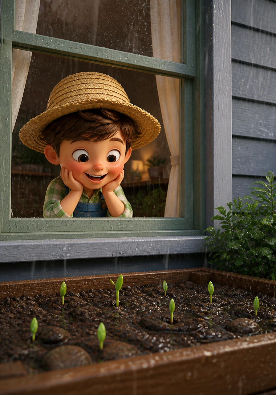 A gentle spring rain begins to fall, and Oliver watches through the window as the raindrops dance on the garden bed. Tiny, bright green shoots start to poke their heads through the mud, reaching up to say hello to the gray sky.