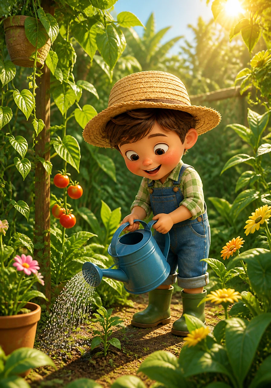 The summer sun shines brightly, turning the garden into a lush jungle of deep green leaves and twisting vines. Oliver carries a heavy blue watering can, carefully giving every thirsty plant a refreshing drink in the morning heat.