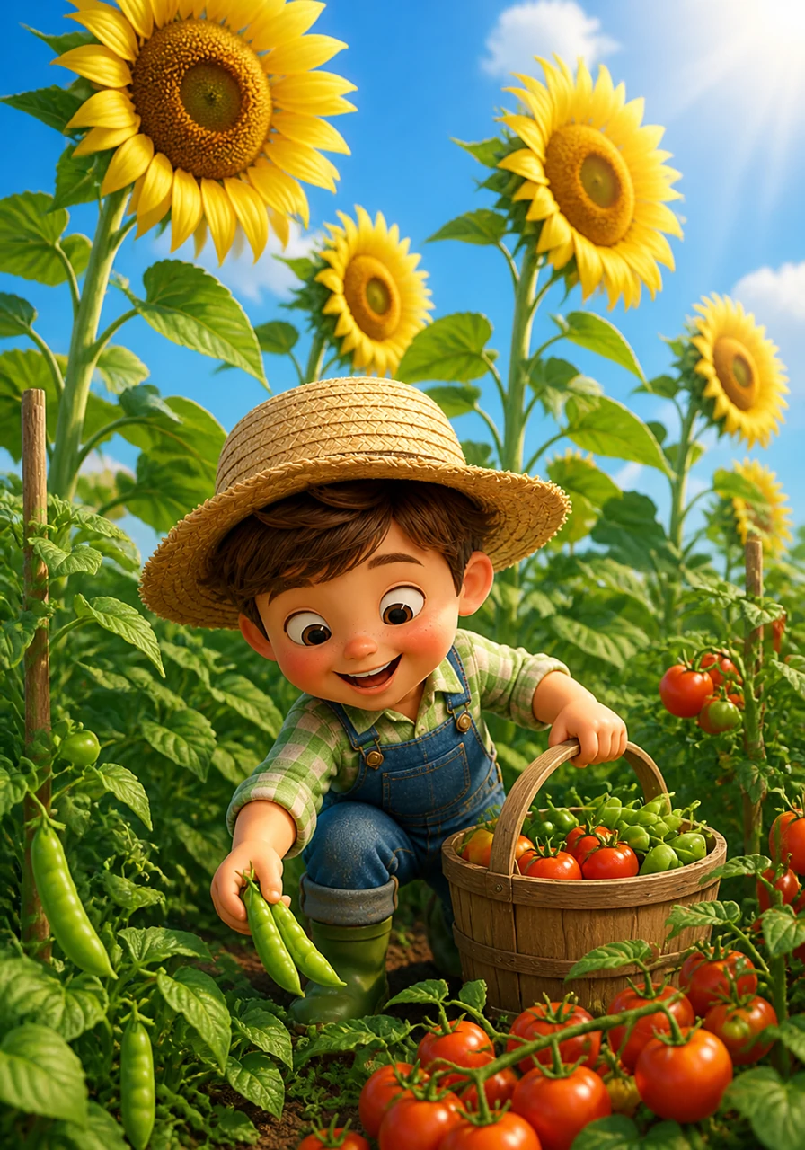Giant sunflowers now tower over Oliver, their golden faces following the sun across the bright blue sky. He reaches into the greenery to find crunchy snap peas and juicy red tomatoes, filling his wooden basket with the treasures of summer.