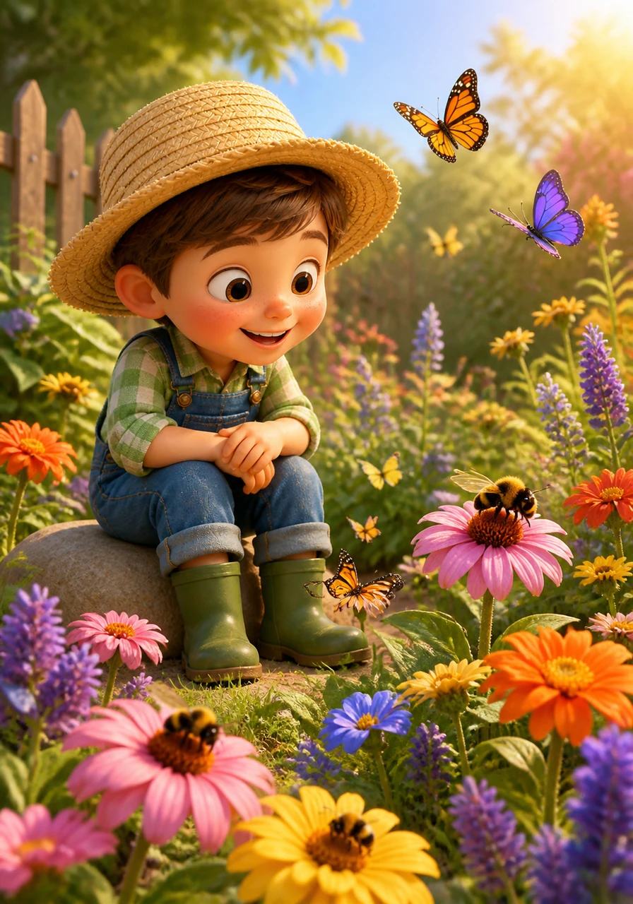 Bright butterflies and fuzzy bumblebees flutter between the colorful blossoms, busy with their important work. Oliver sits quietly on a garden stone, watching the tiny creatures help his garden thrive under the warm afternoon sun.