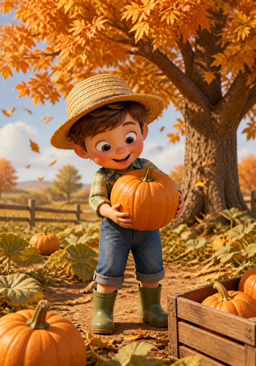 The air turns crisp and the leaves on the big oak tree change to brilliant shades of orange and gold. Oliver harvests the very last of the round, heavy pumpkins, feeling the cool autumn breeze tickle his cheeks.