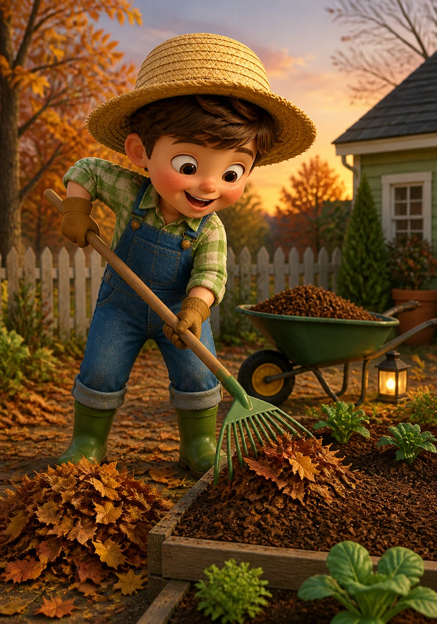 Oliver rakes the fallen leaves into crunchy piles and spreads a thick layer of mulch over his garden beds. He tucks the earth in for a long sleep, making sure the roots stay warm while the world begins to turn chilly.