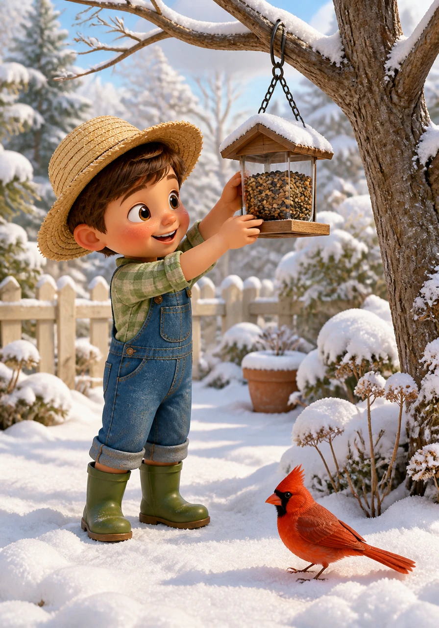 A soft white blanket of snow covers the garden, turning the backyard into a silent and peaceful winter wonderland. Oliver hangs a feeder filled with seeds for the hungry birds, watching a bright red cardinal land near the sleeping plants.