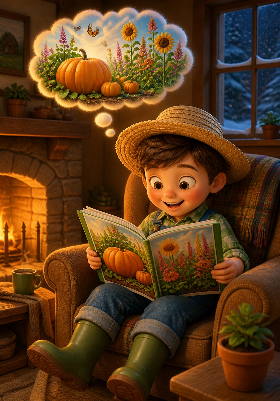 Inside his cozy house, Oliver sits by the fireplace looking at colorful pictures in a new seed catalog. He dreams of the giant pumpkins and tall flowers he will plant when the snow melts and the magic of spring returns once more.