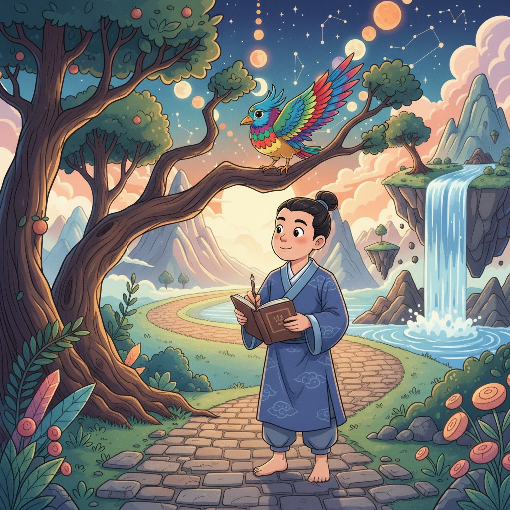 旅程的第十七天，他发现了一棵歪脖子树，树杈上停着一只羽毛斑斓的鸟。X驻足欣赏，并在日志上画下了这棵树的速写，对周围的风景都充满了赞叹。