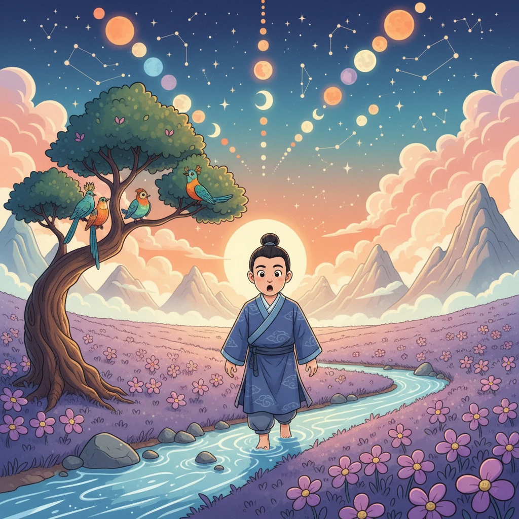 继续前行，他穿过一片紫色小花的草地，又跨过一条叮咚作响的溪流。然而，当他再次抬头时，一个熟悉的情景让他感到震惊——歪脖子树、斑斓的鸟、紫色草地、溪流，一切都重复了！