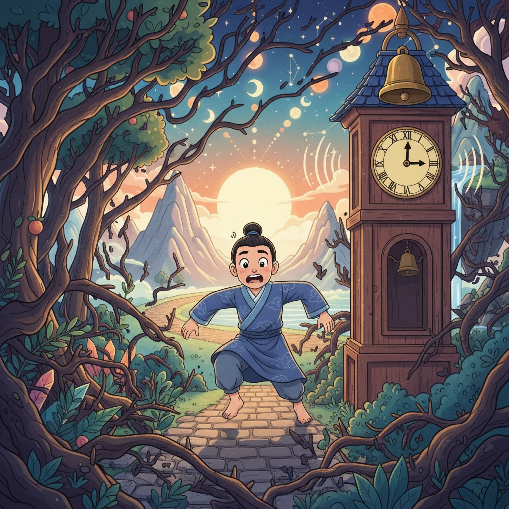 恐惧涌上心头，X开始狂奔，试图摆脱这无情的循环。他不再记录风景，只顾着向前跑，穿过荆棘，绕开道路，却发现自己又回到了日志里描绘过的村庄，钟楼准时敲响了三下。