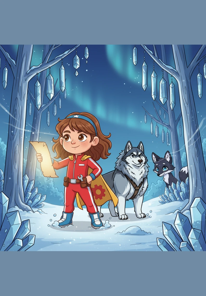 With her faithful husky, Lumi, by her side, Eva stepped out into the biting cold to begin her quest. They trekked through the Silver Woods, where the trees were made of solid crystal and tinkled like wind chimes in the breeze. Every step was a challenge, but the glowing map in her hand provided a steady, guiding light.