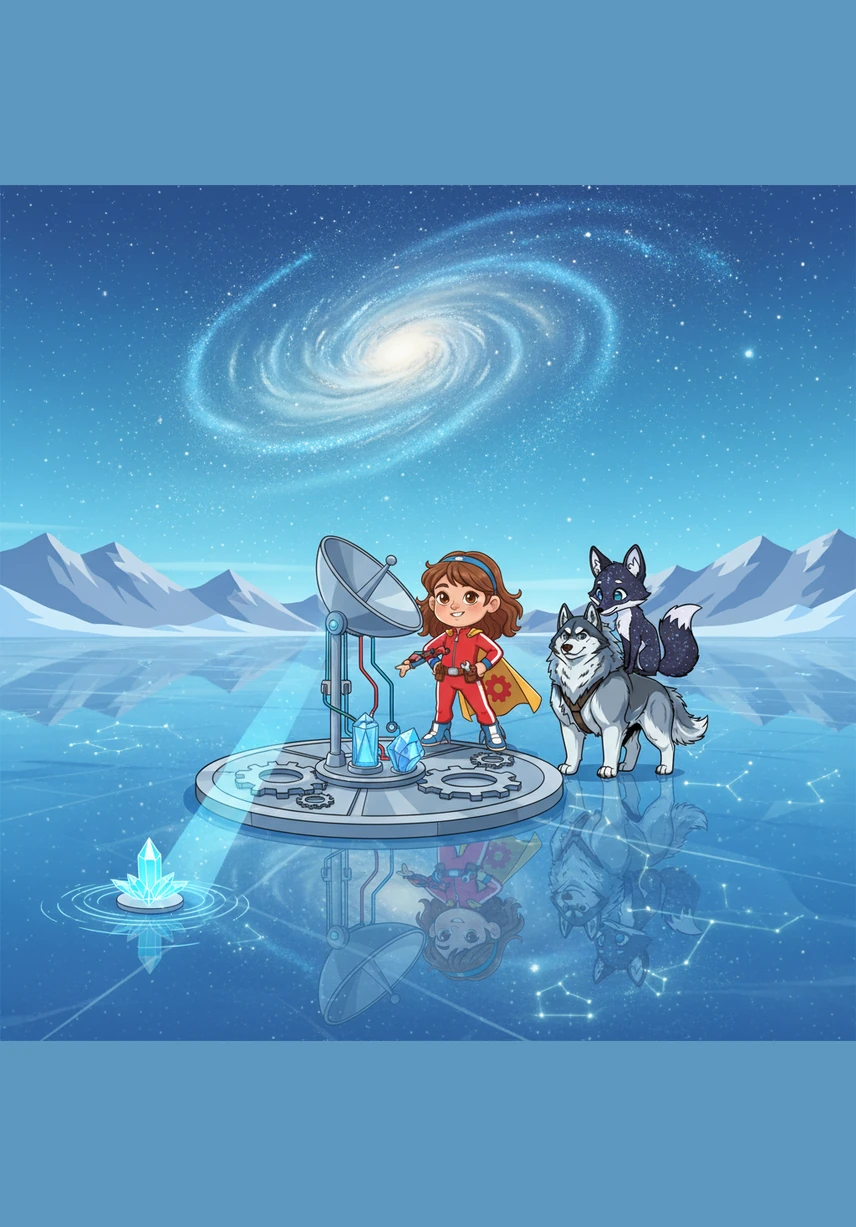 The trio reached the Great Frozen Mirror, a lake so clear it reflected the stars even during the day. An ancient Snow Spirit emerged from the mist, challenging Eva to solve a riddle about the nature of warmth. Eva smiled and answered that true warmth comes from kindness and love, causing the ice to part and create a safe bridge for them to cross.