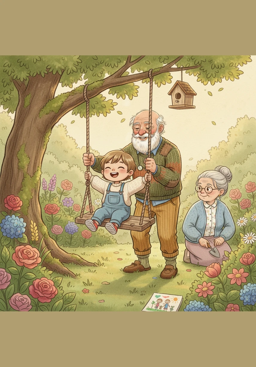 While you are in the garden, you will see a yellow butterfly and decide to chase it all the way to the old tire swing. Grandpa will give you a gentle push until your toes almost touch the leaves of the big oak tree.