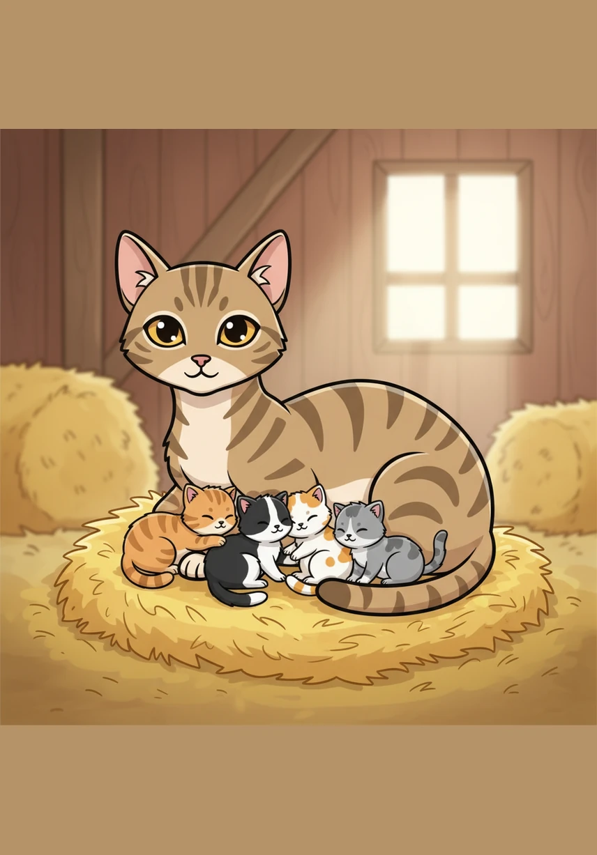 Jik, a graceful tabby cat with watchful amber eyes, curled protectively around her five tiny kittens in the soft golden hay of the barn. Each kitten was a tumble of fur and energy, unaware that the time to venture into the wide world was drawing near.