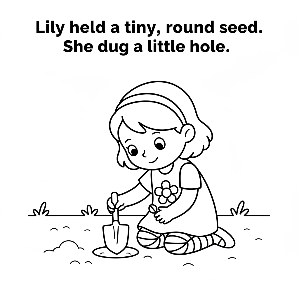 Little Lily held a tiny, round seed in her hand. It was so small, but Lily knew it held a big secret inside. She carefully dug a little hole in the so