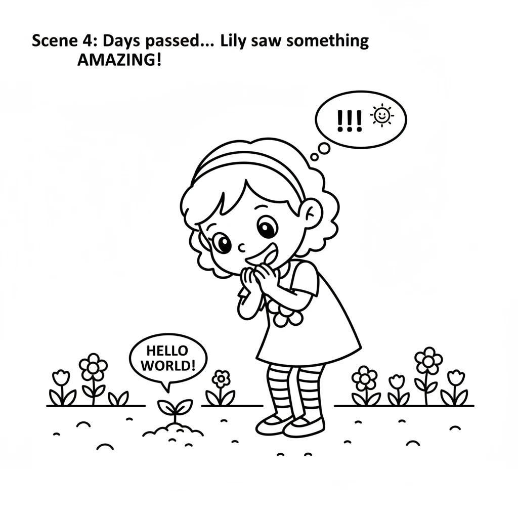 Days passed, and Lily visited her spot every morning. One sunny day, she saw something amazing! A tiny, green sprout poked its head out of the soil, s