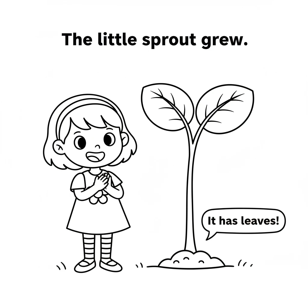 The little sprout grew taller and stronger each day. It stretched its stem towards the sky, and soon, two small, rounded leaves unfurled. Lily clapped