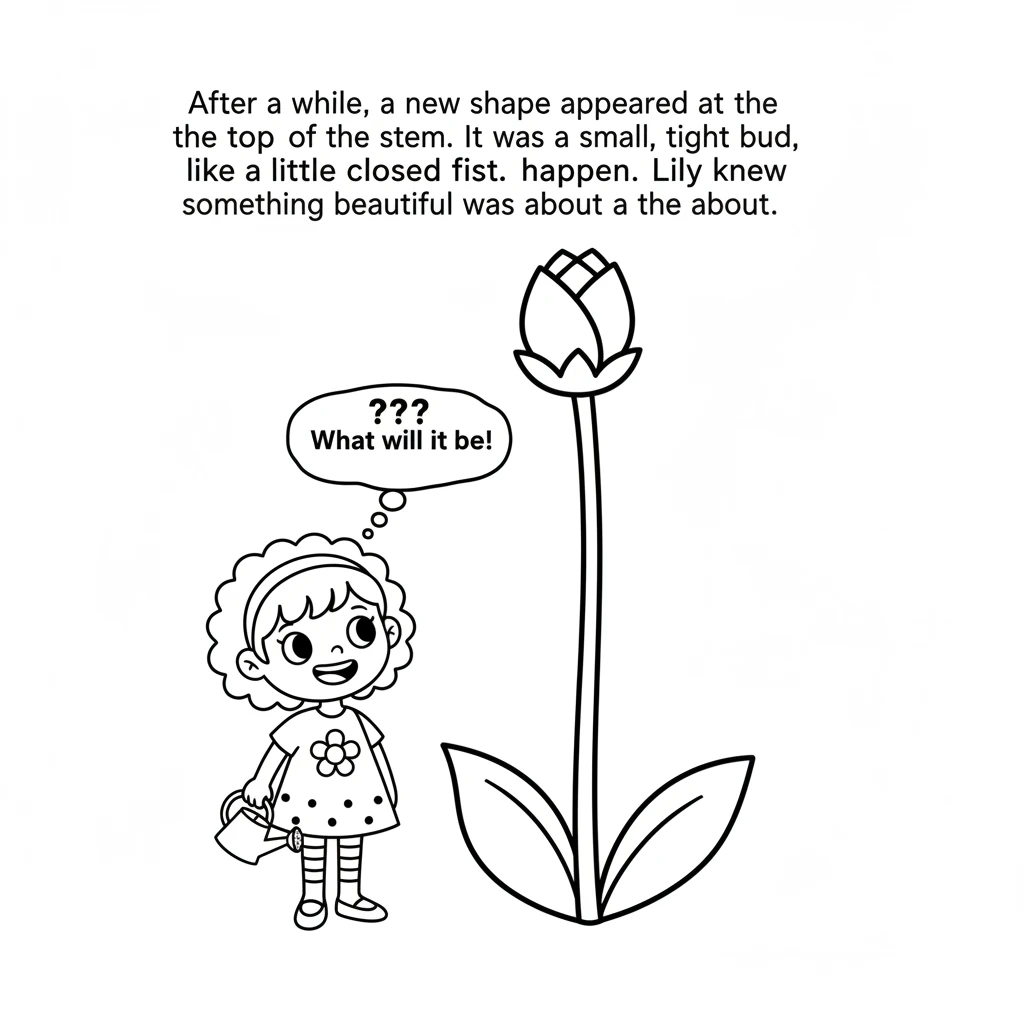 After a while, a new shape appeared at the top of the stem. It was a small, tight bud, like a little closed fist. Lily knew something beautiful was ab