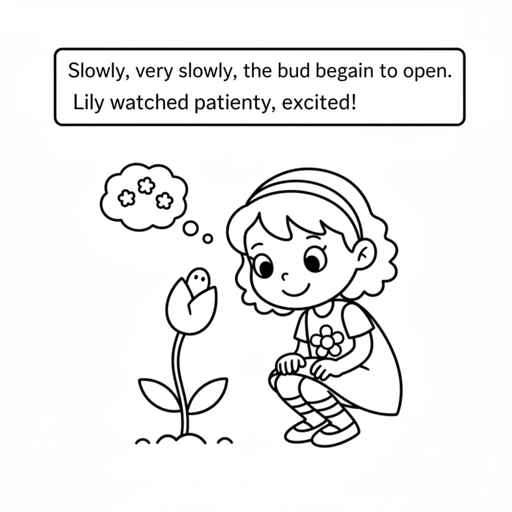 Slowly, very slowly, the bud began to open. Just a peek of color showed through the green leaves. Lily watched patiently, excited to see the flower's