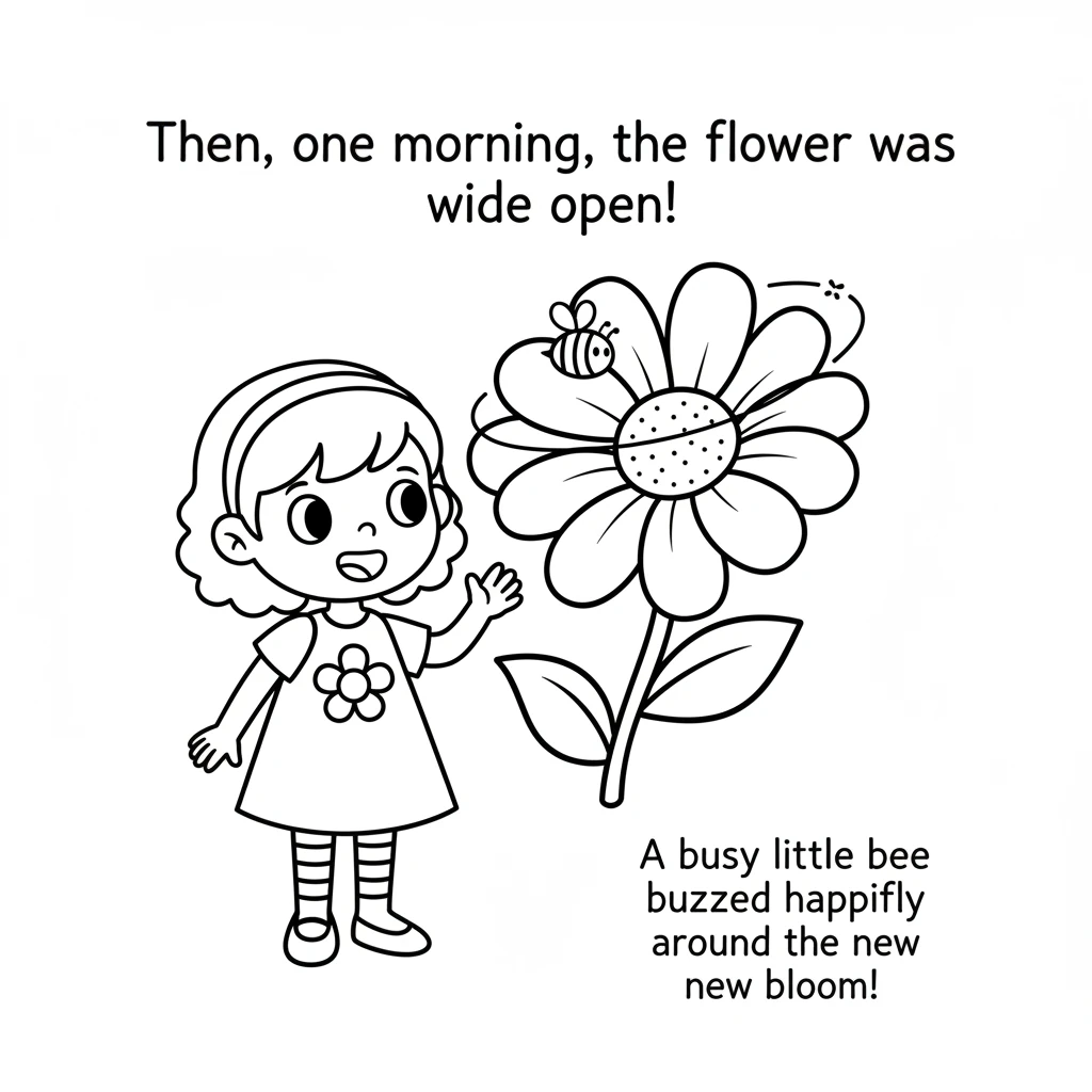 Then, one morning, the flower was wide open! Its petals were bright and soft, reaching out like a cheerful smile. A busy little bee buzzed happily aro
